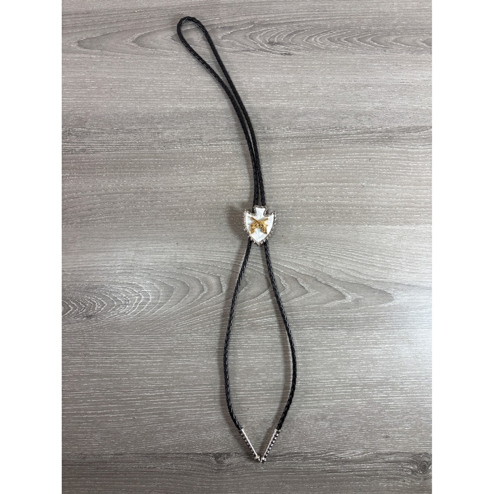 Mens Western Bolo Tie Black Braided Cord Gold Crossed Pistols Arrowhead Slide